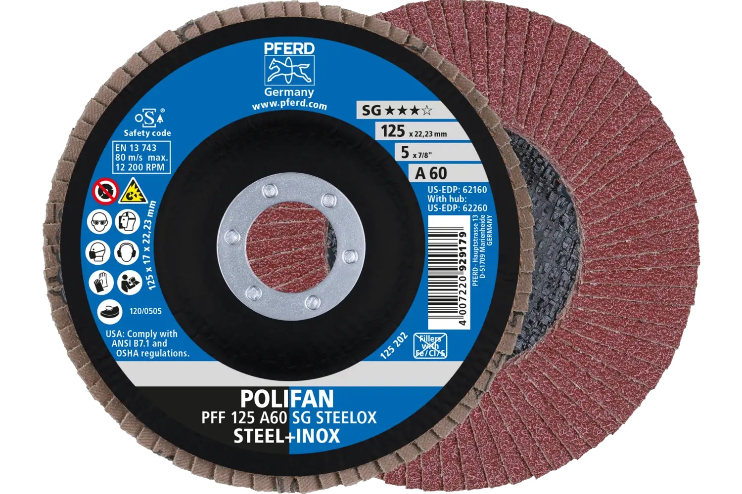 Picture of Pferd Flap Disc, 5" x 7/8, A SG Steelox, 60 Grit, T27, Flat, Aluminum oxide